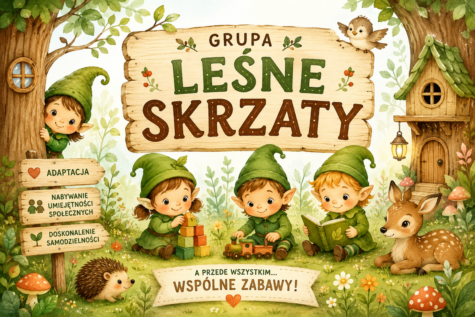 Ilustracja grupy „Leśne Skrzaty”. Skrzaty bawią się klockami, pociągiem i czytają książkę. Obok tabliczki z napisami: Adaptacja, Umiejętności społeczne, Samodzielność, Wspólne zabawy