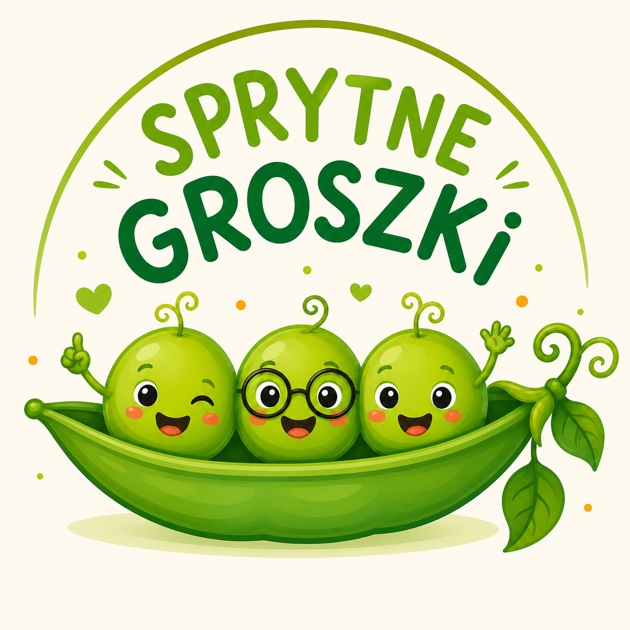 Ilustracja z napisem „SPRYTNE GROSZKI”. W otwartym strączku siedzą trzy uśmiechnięte groszki: jeden puszcza oko i unosi palec, środkowy nosi okulary, a trzeci radośnie macha ręką